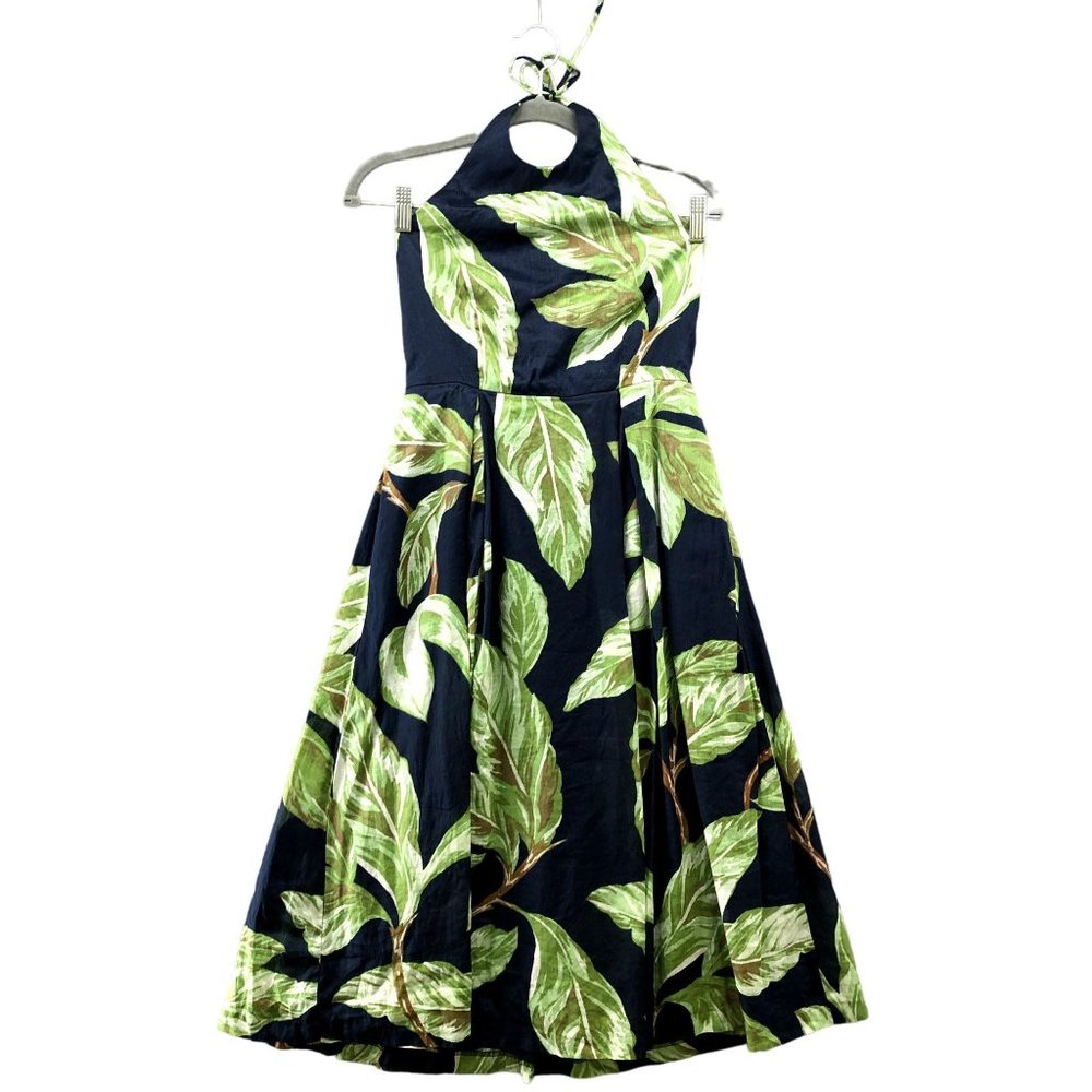 Ann Taylor Leaf Print Halter Dress Size 0 Fit Flare Pleated Blue Green Tropical
